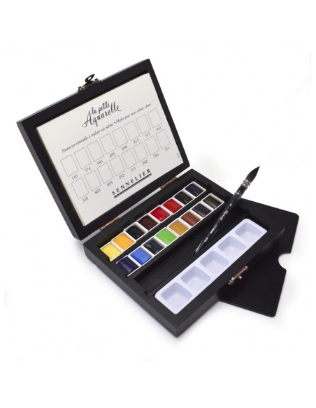 CASSETTA IN LEGNO CON 16 MEZZI GODET ACQUERELLO SENNELIER